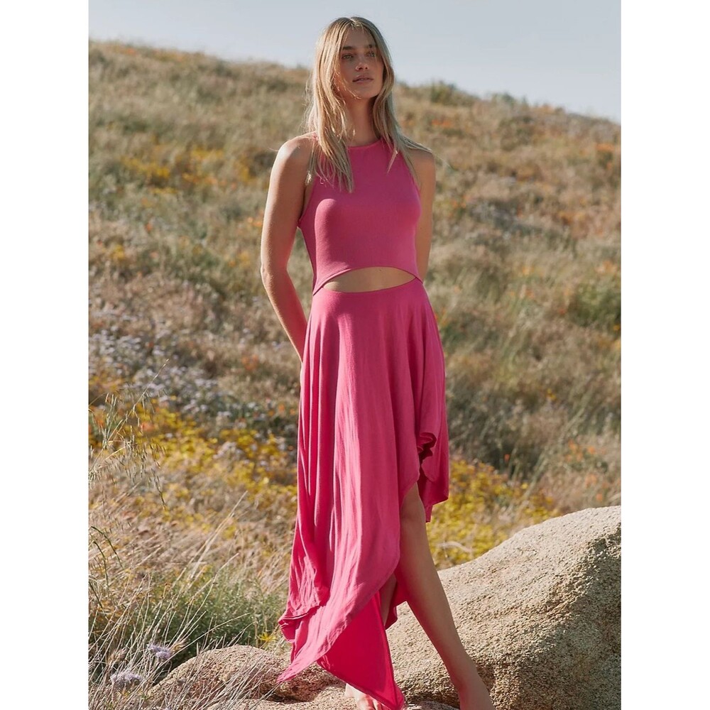 Free People FP Beach Bethany Midi Dress Pink Cutout Racerback Asymmetrical Sz M - Picture 2 of 11